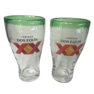 Set Of 2 Dos Equis Beer Glass Hand Blown Mexican Pint w/Green Rim 16 oz (C)